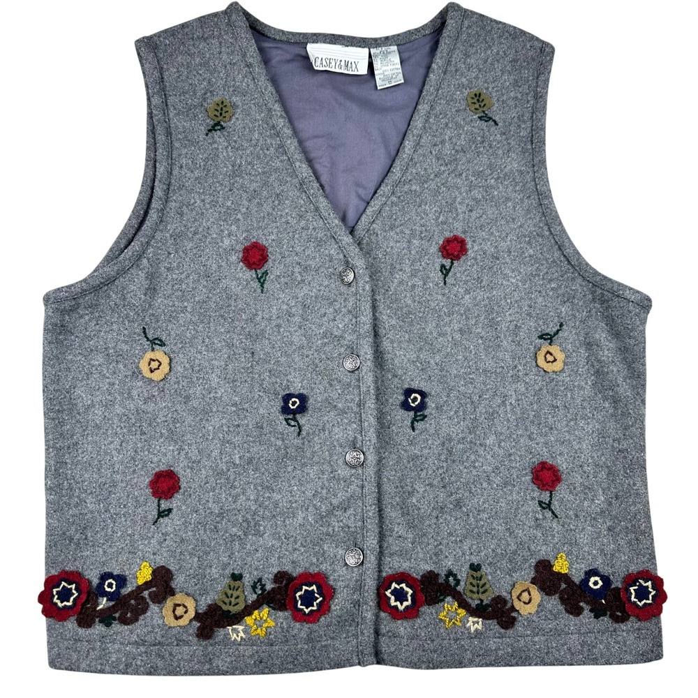 Vintage 90s Wool Blend Floral Applique Button Front Vest‎ Grey Womens M